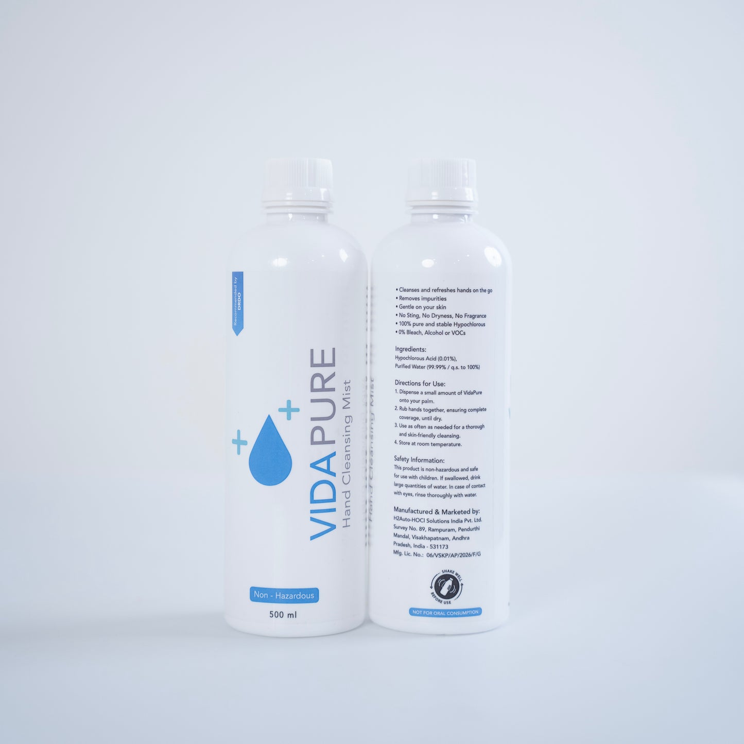 VidaPure | Hand Cleansing Mist | 100 PPM | 500 ml | Hypochlorous Acid | Alcohol Free | Fragrance Free | Non Toxic | Powered by H2autO™ - U.S. Patented Technology