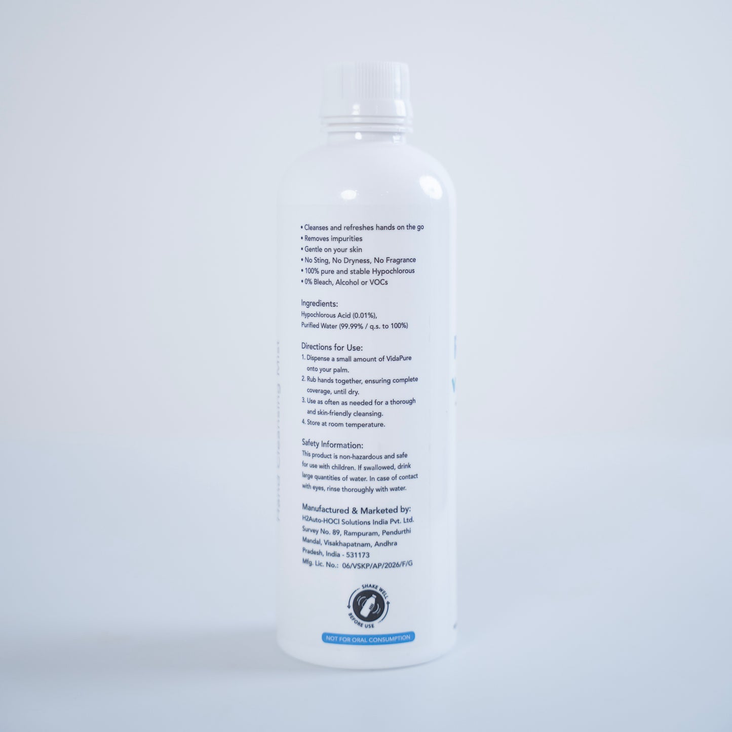 VidaPure | Hand Cleansing Mist | 100 PPM | 500 ml | Hypochlorous Acid | Alcohol Free | Fragrance Free | Non Toxic | Powered by H2autO™ - U.S. Patented Technology